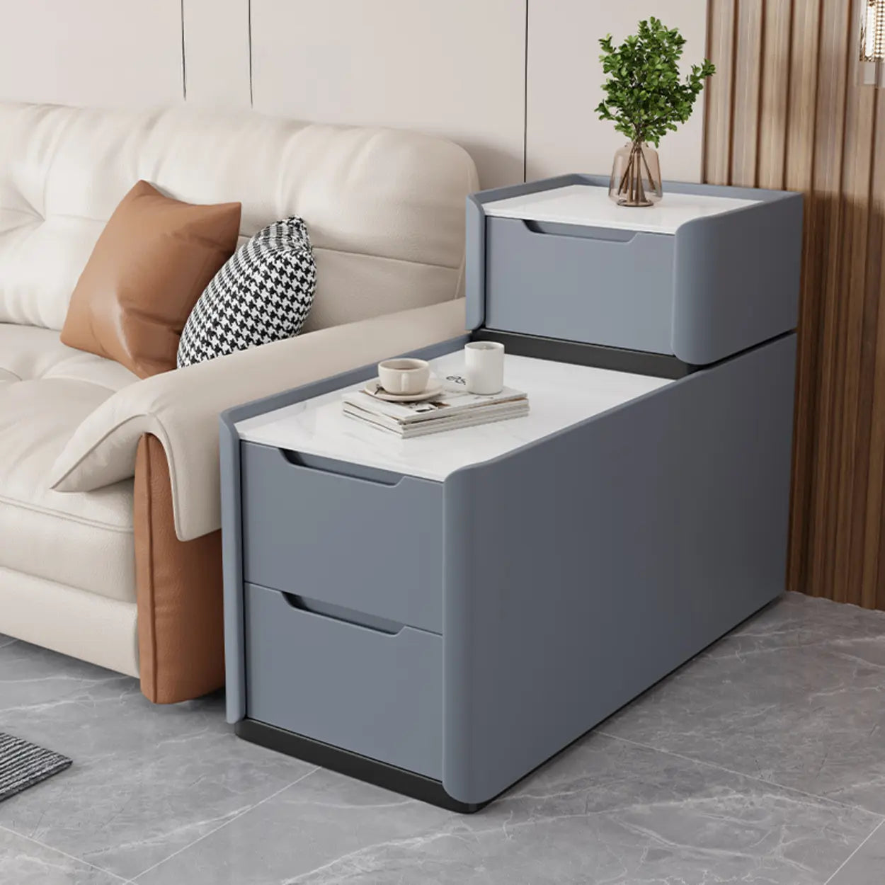 Modern Multi-Drawer White Top Side Table — Dark Coffee