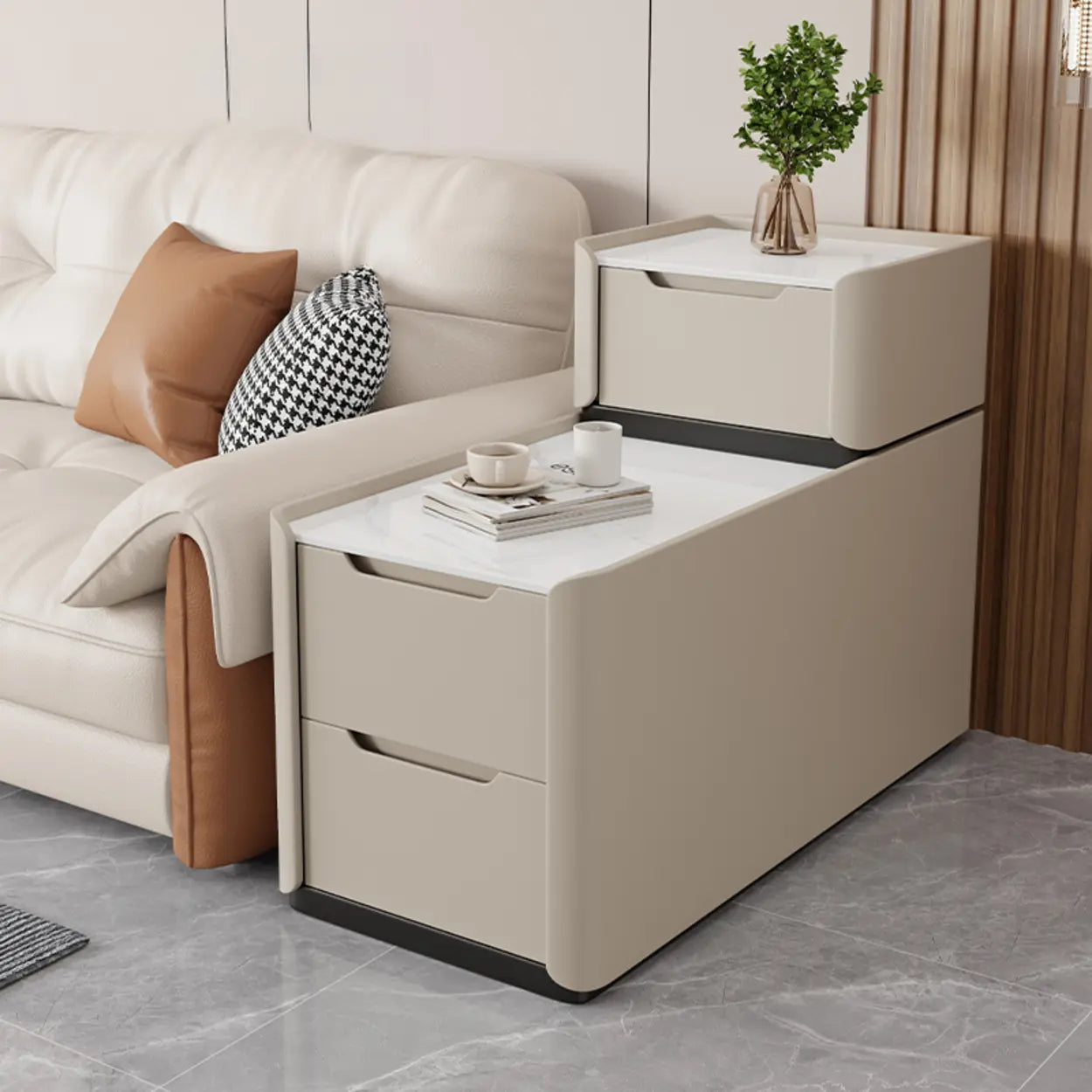 Modern Multi-Drawer White Top Side Table — Beige