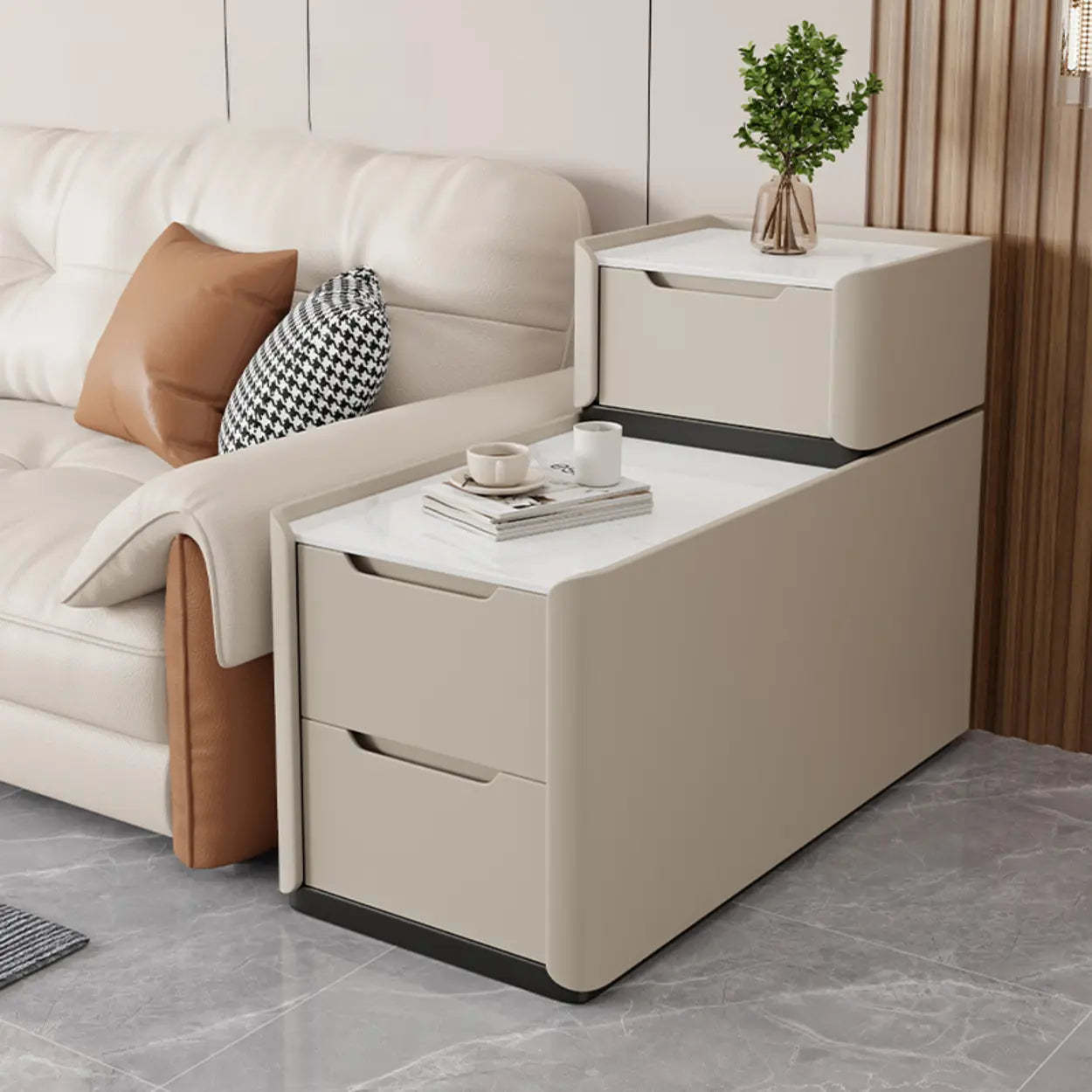 Modern Multi-Drawer White Top Side Table — Beige