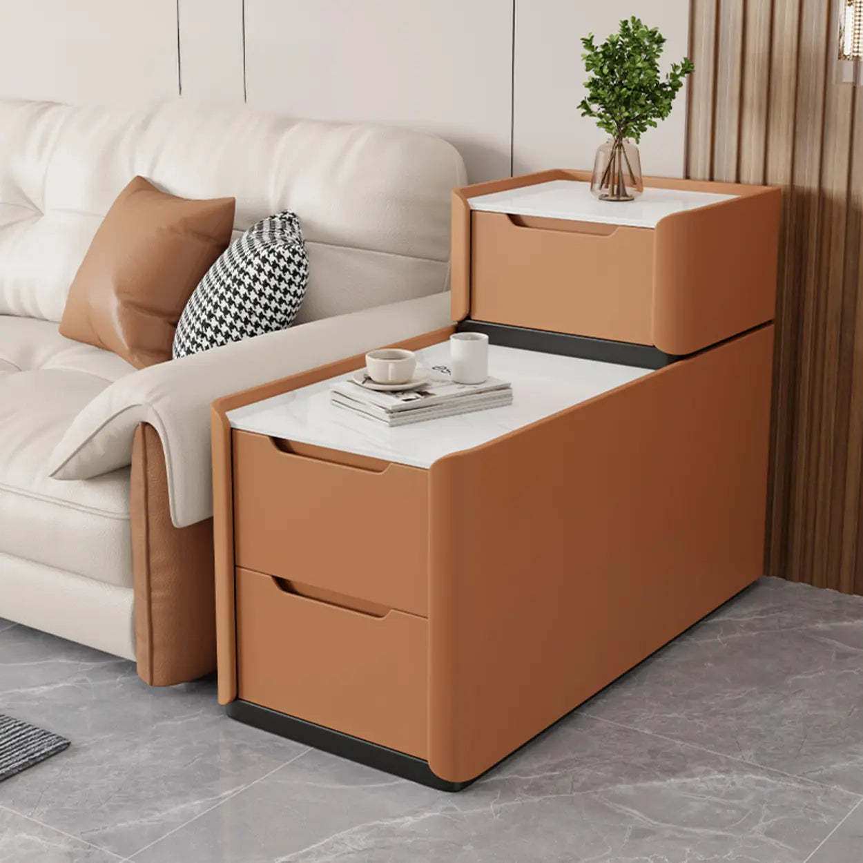Modern Multi-Drawer White Top Side Table — Cream