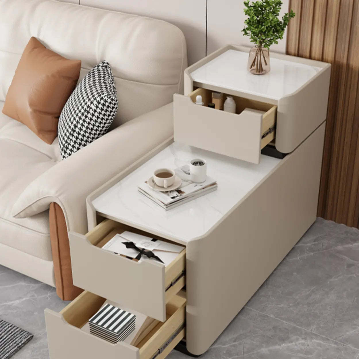 Modern Multi-Drawer White Top Side Table — Cream