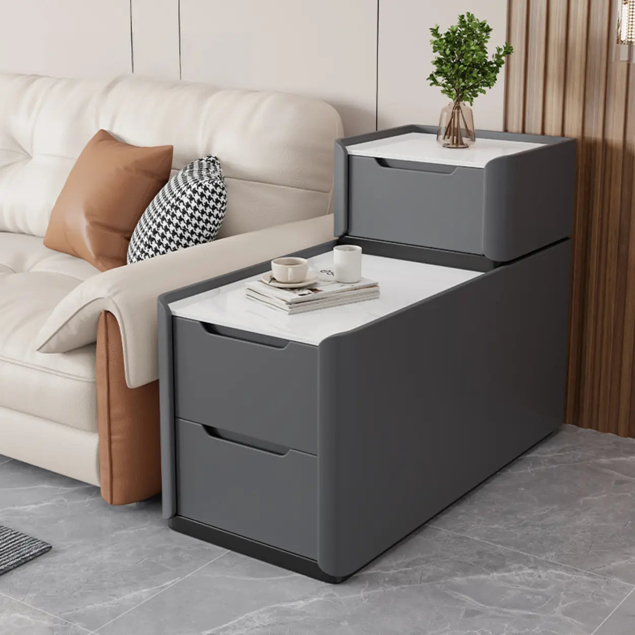 Modern Multi-Drawer White Top Side Table — Gray Blue