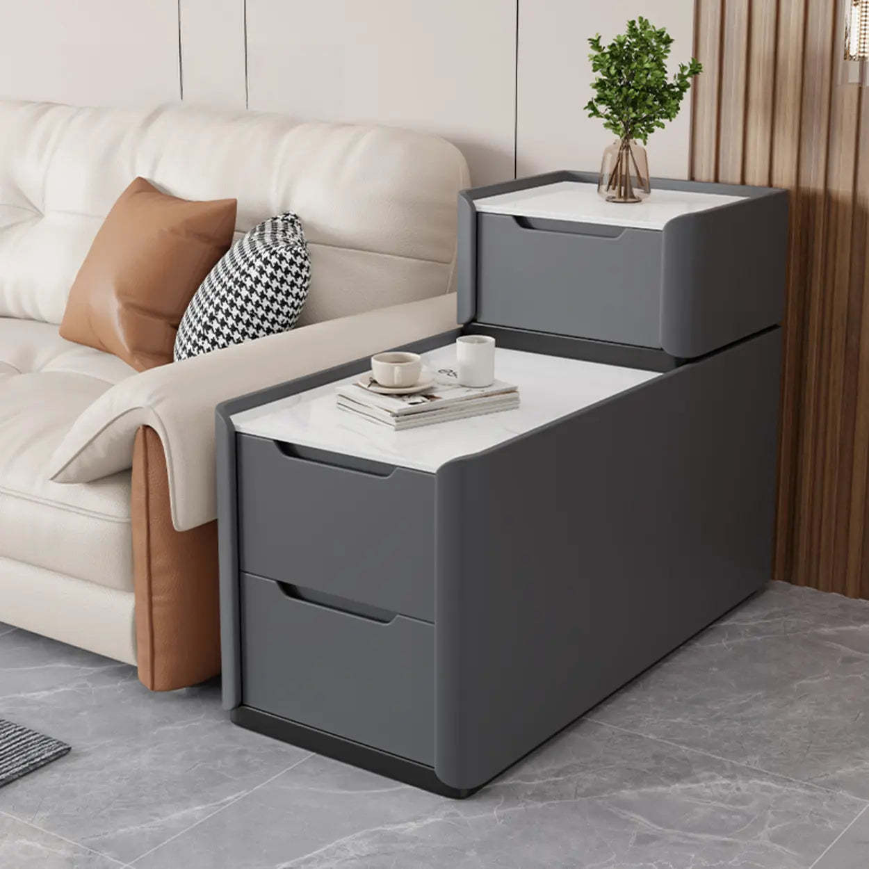 Modern Multi-Drawer White Top Side Table — Gray Blue
