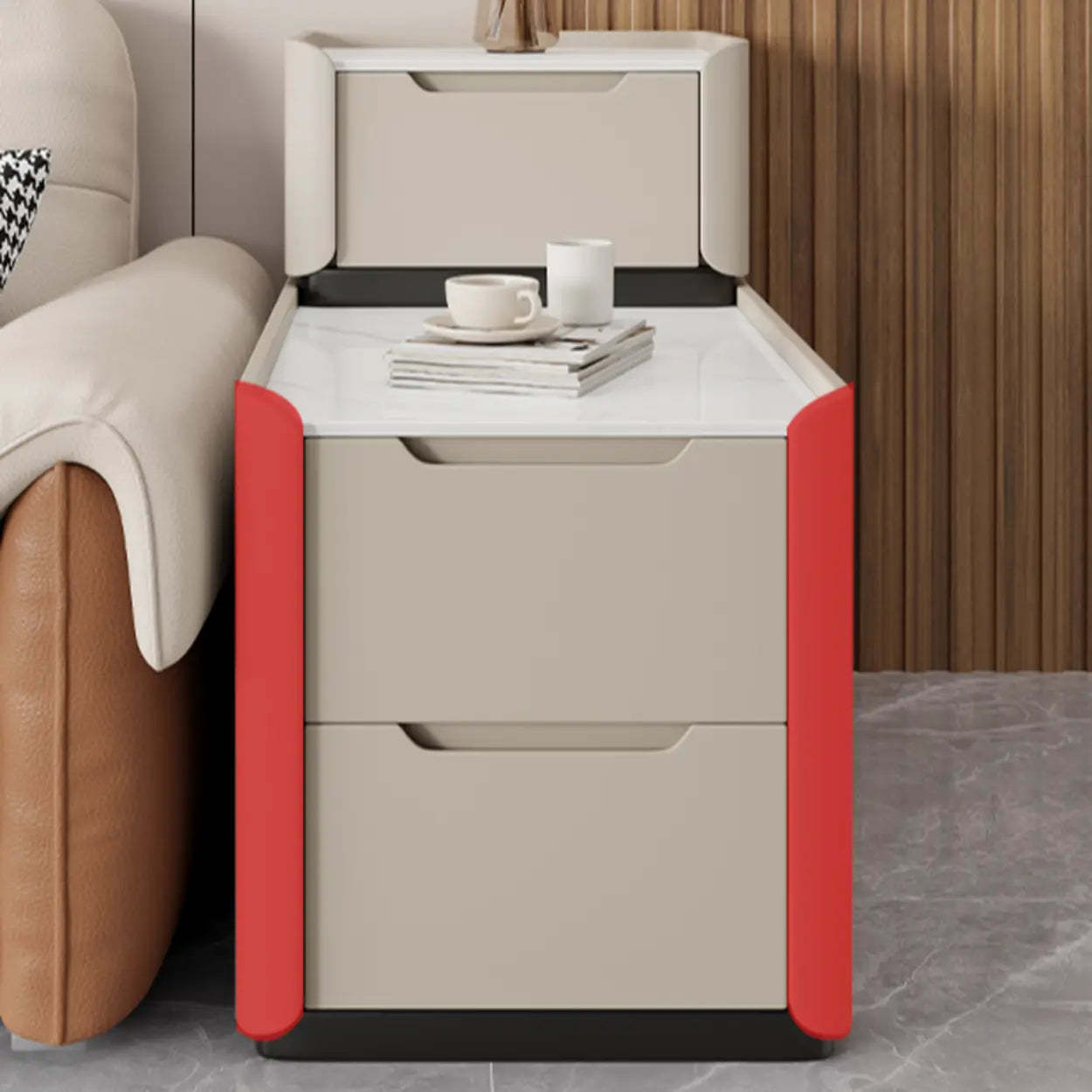 Modern Multi-Drawer White Top Side Table — Gray Blue