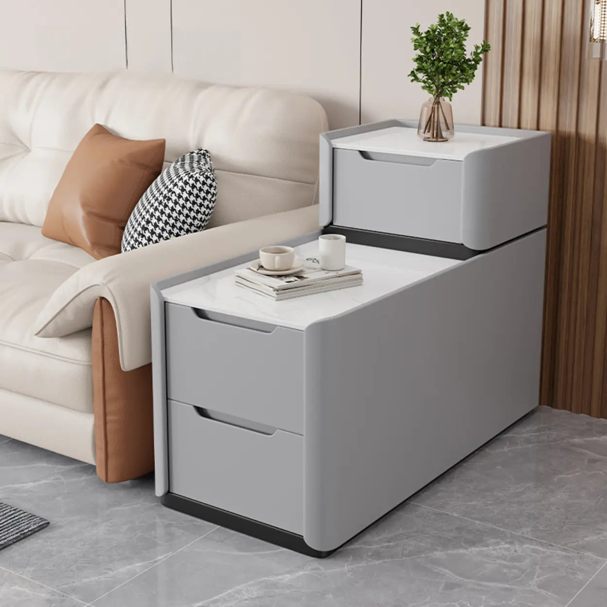 Modern Multi-Drawer White Top Side Table — Twilight Orange