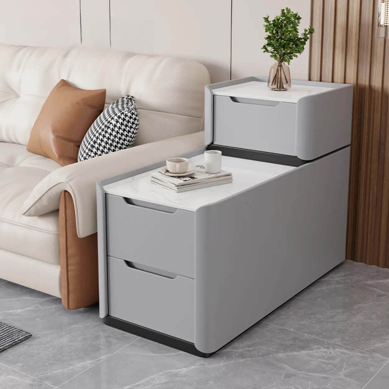Modern Multi-Drawer White Top Side Table — Twilight Orange