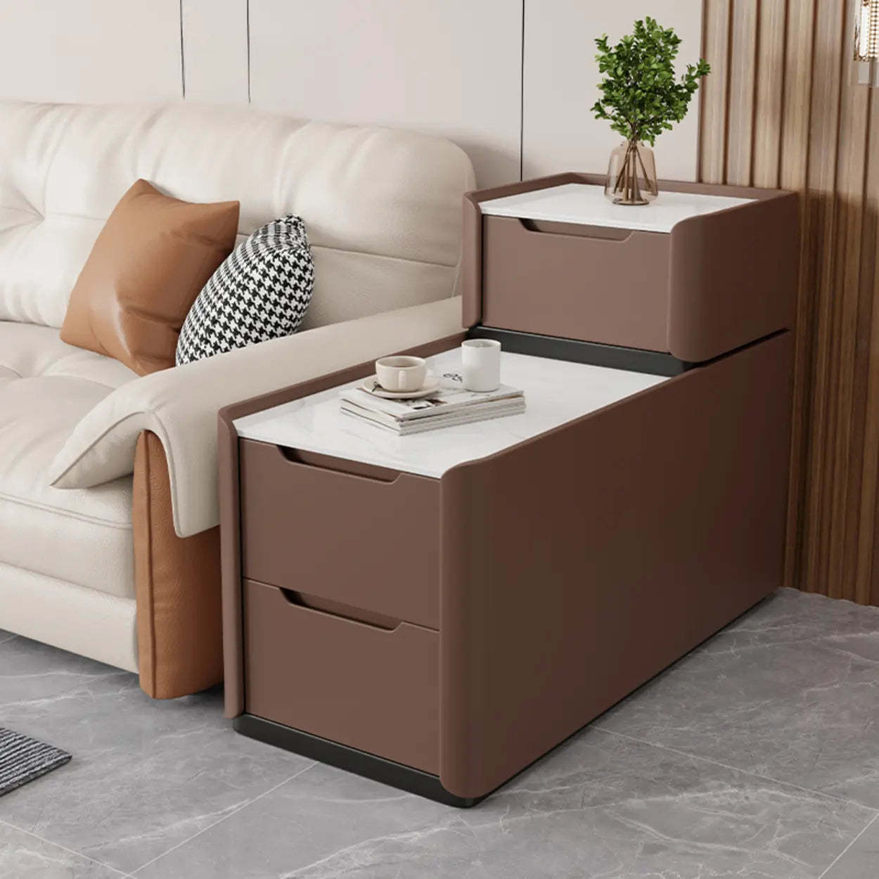 Modern Multi-Drawer White Top Side Table — Dark Gray