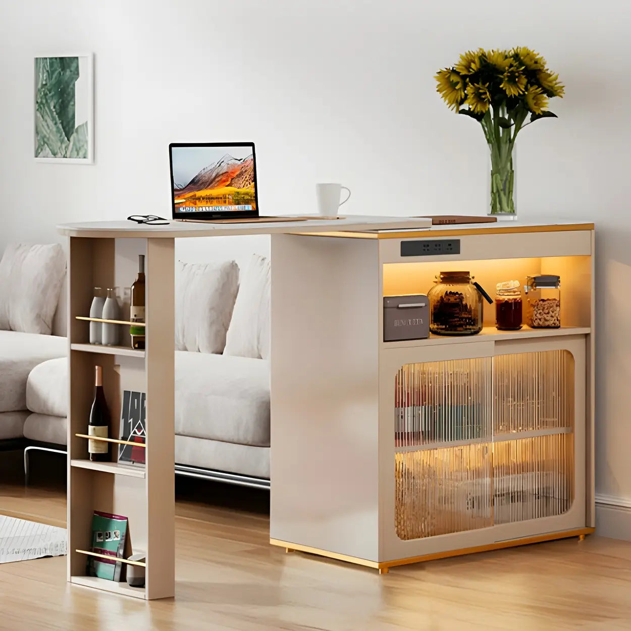 Modern Multi-Functional Bar Table with Shelves — Off-White / Table Only