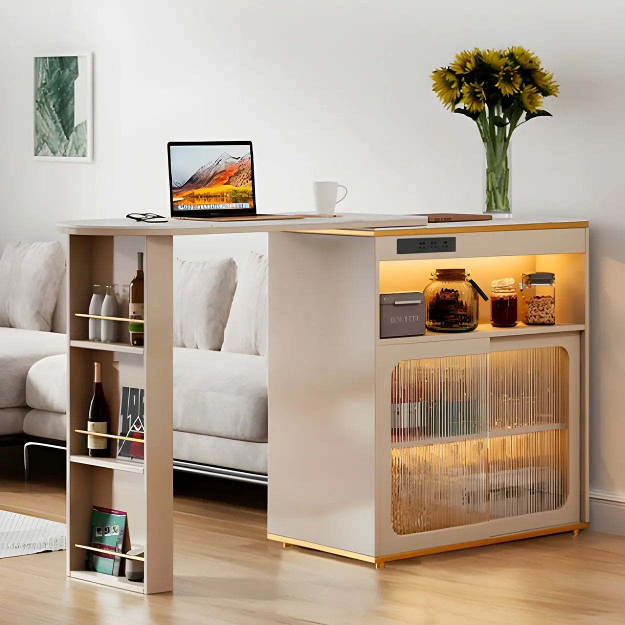Modern Multi-Functional Bar Table with Shelves — Off-White / Table Only