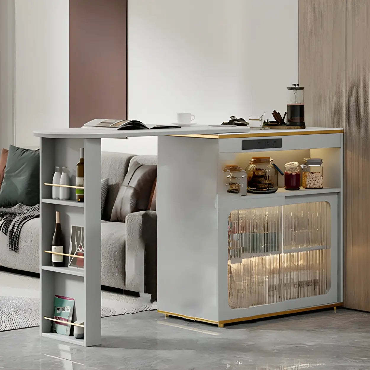 Modern Multi-Functional Bar Table with Shelves — Dark Gray / Table Only