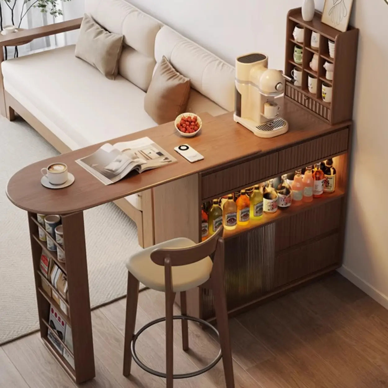 Modern Multifunctional Home Bar Table with Shelves — White / Table Only