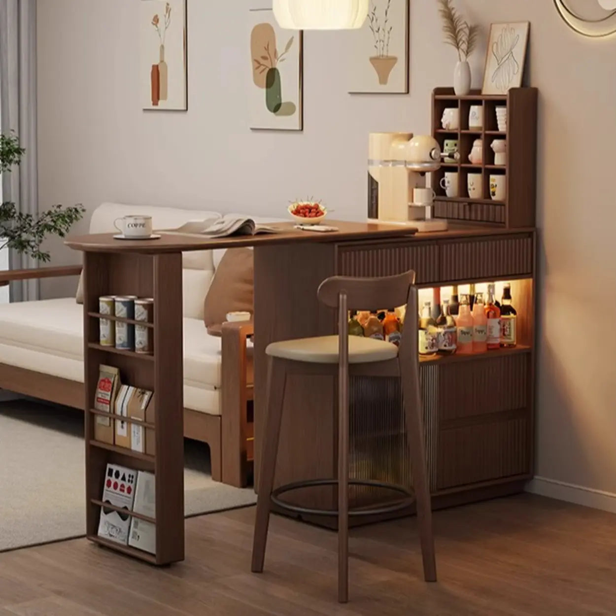 Modern Multifunctional Home Bar Table with Shelves — Natural Finish / Table Only