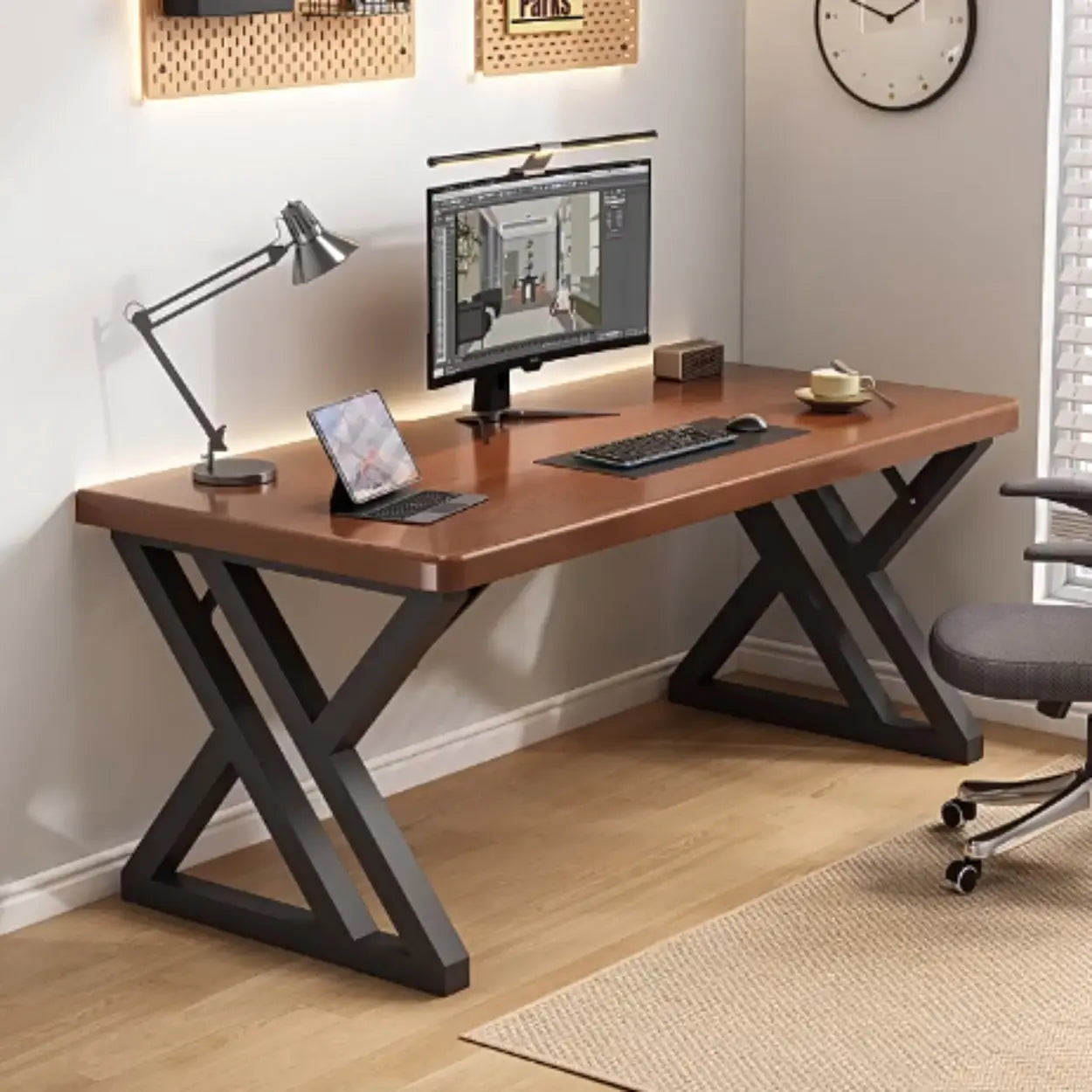 Modern Natural Butcher Block Writing Desk — Without Chairs / Nut-Brown