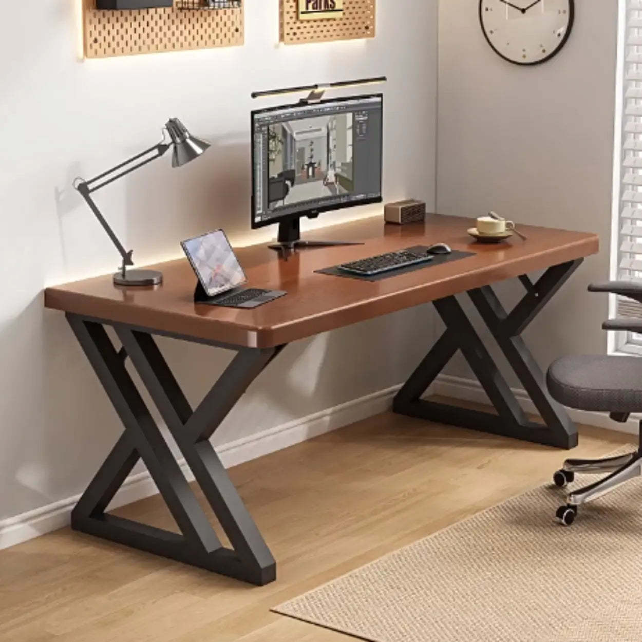 Modern Natural Butcher Block Writing Desk — Without Chairs / Nut-Brown