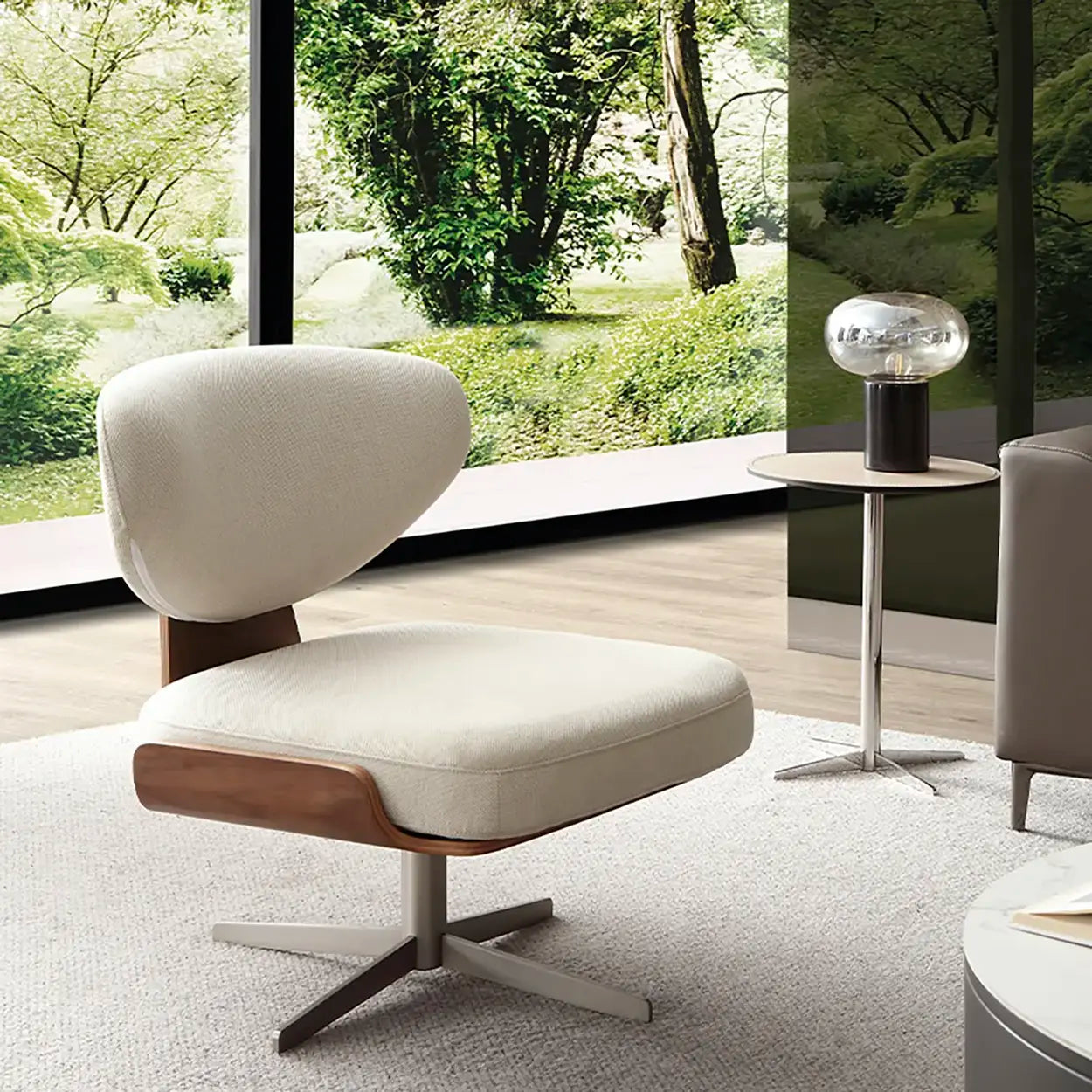 Modern Off-White Linen Swivel Accent Chair with Metal Base