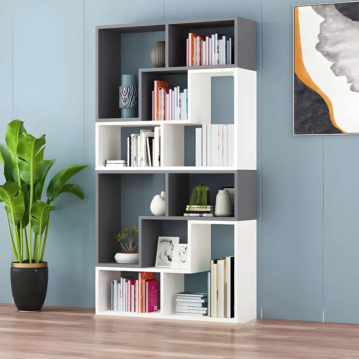 Modern Multi-Tier Geometric Wood Bookcase