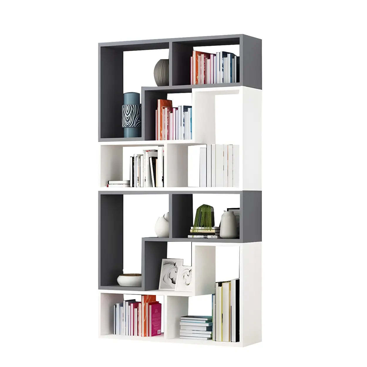Modern Multi-Tier Geometric Wood Bookcase — White-Black