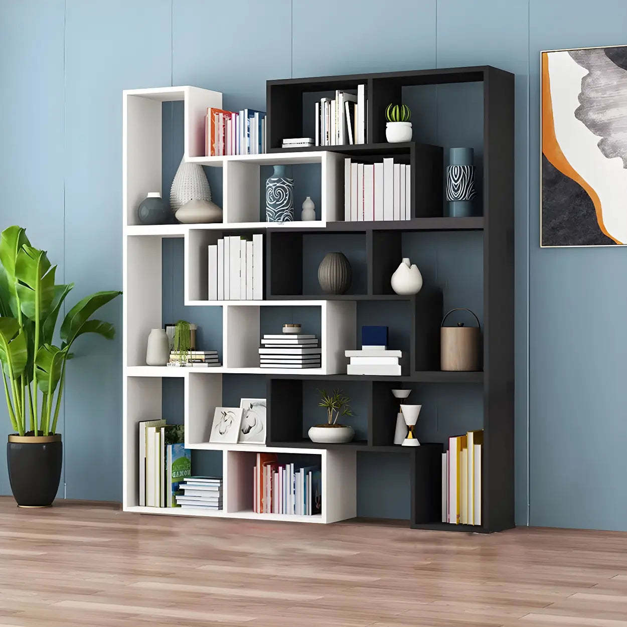 Modern Multi-Tier Geometric Wood Bookcase — Natural/ White