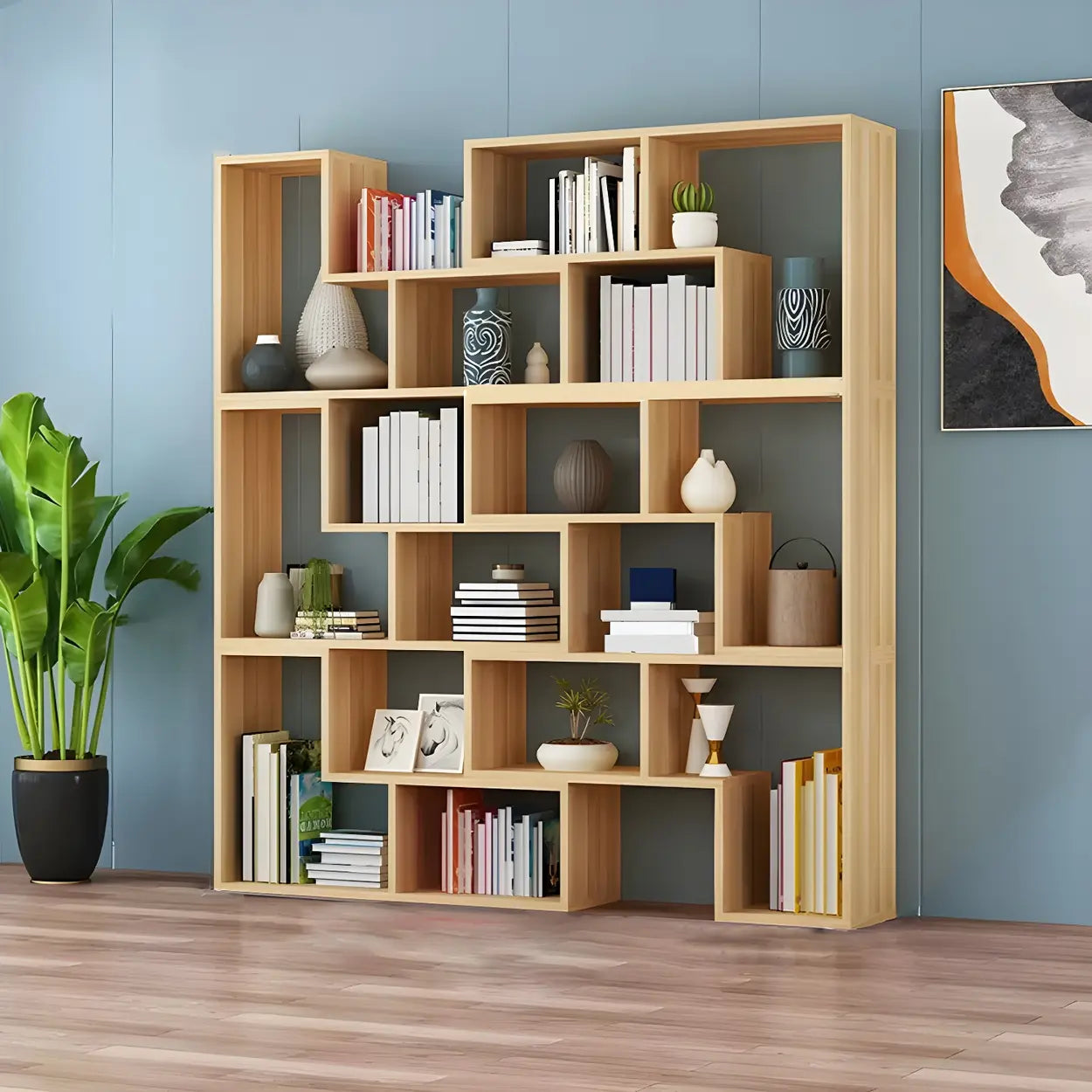 Modern Multi-Tier Geometric Wood Bookcase — Red/ Gray