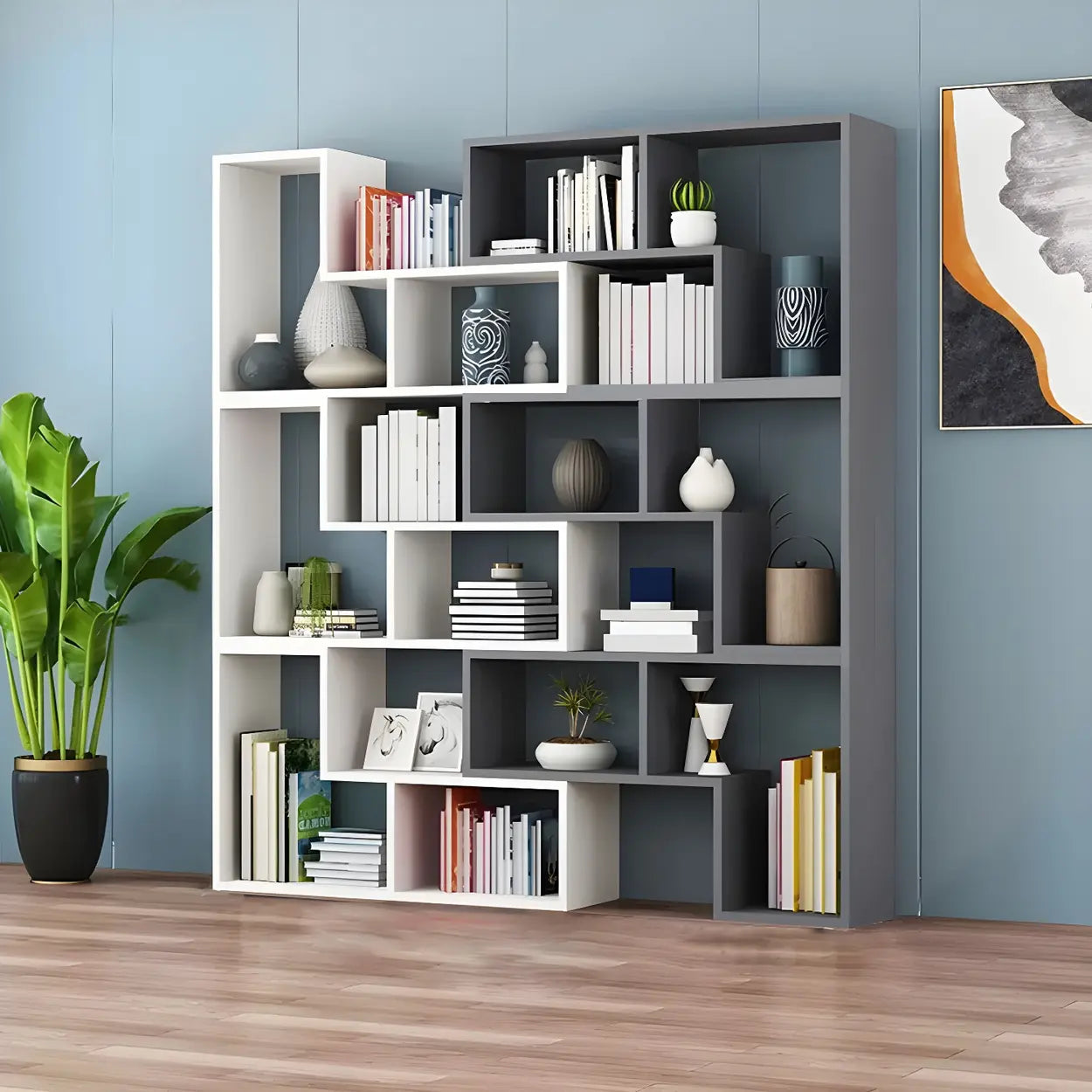 Modern Multi-Tier Geometric Wood Bookcase — Grey