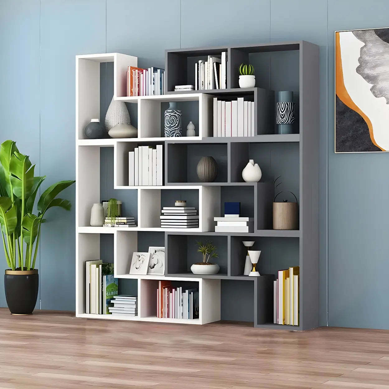 Modern Multi-Tier Geometric Wood Bookcase — Grey