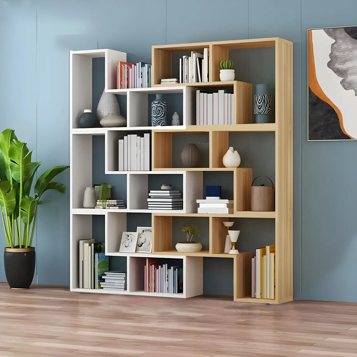 Modern Multi-Tier Geometric Wood Bookcase — Red-White