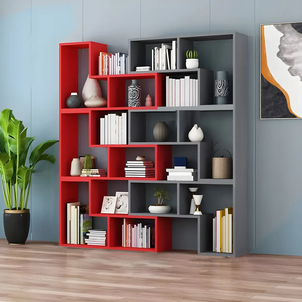 Modern Multi-Tier Geometric Wood Bookcase — White-Gray