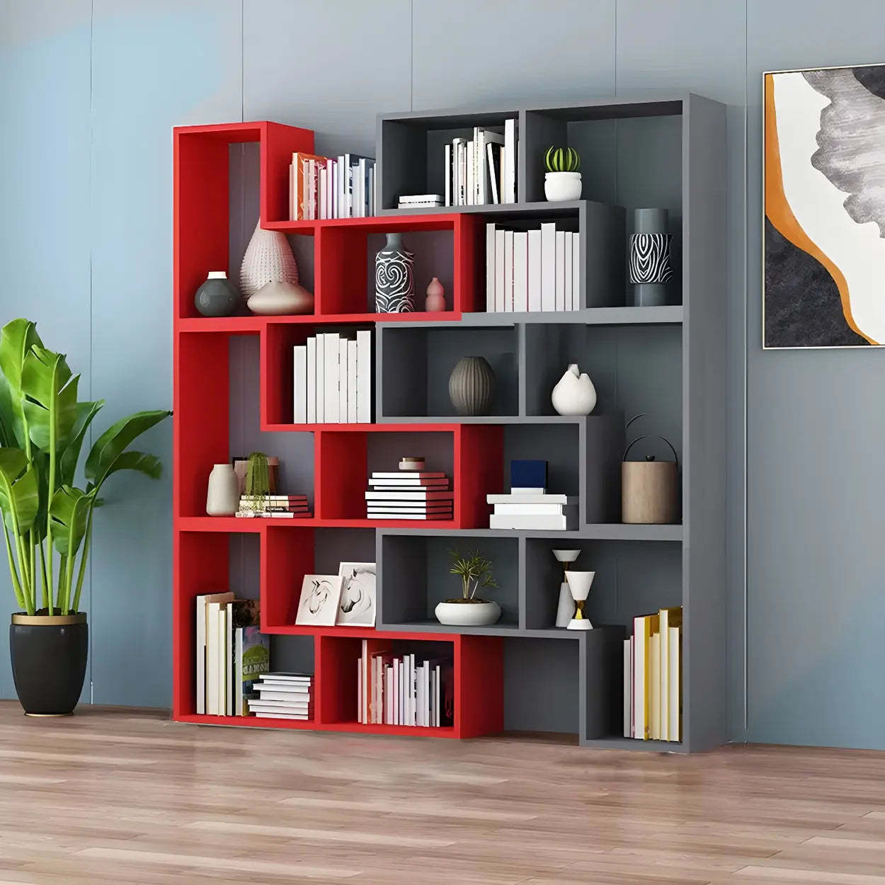 Modern Multi-Tier Geometric Wood Bookcase — White-Gray