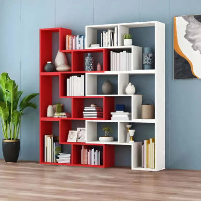 Modern Multi-Tier Geometric Wood Bookcase — White-Gray