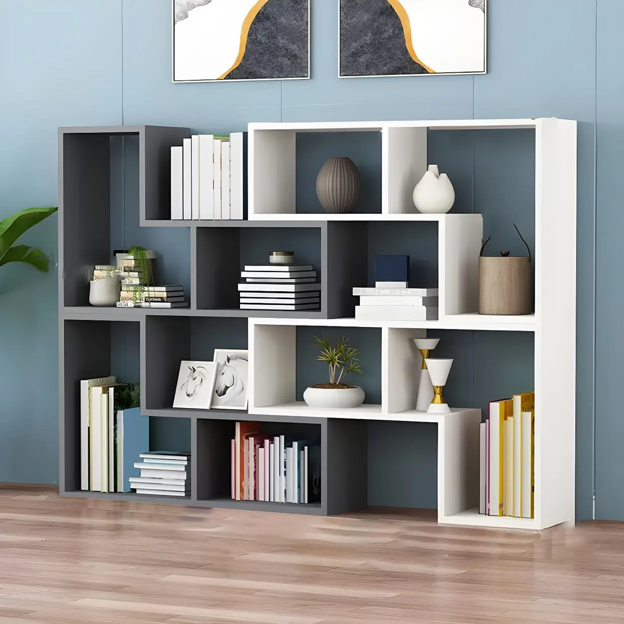 Modern Multi-Tier Geometric Wood Bookcase — Black