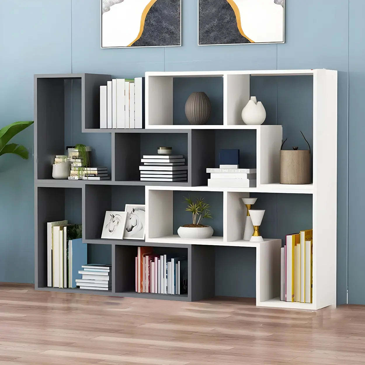 Modern Multi-Tier Geometric Wood Bookcase — Black