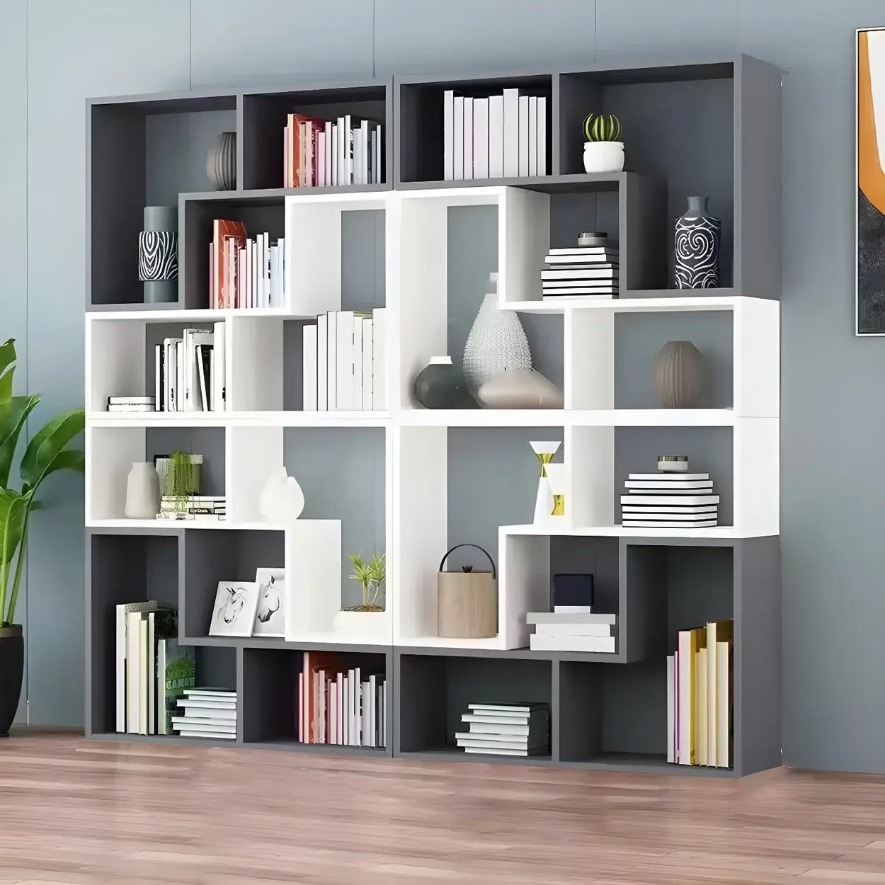 Modern Multi-Tier Geometric Wood Bookcase — White-Gray