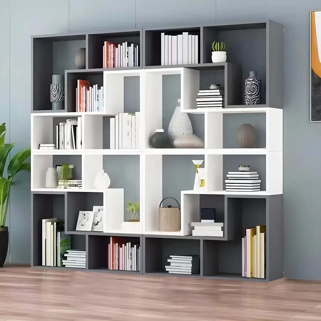 Modern Multi-Tier Geometric Wood Bookcase — White-Gray