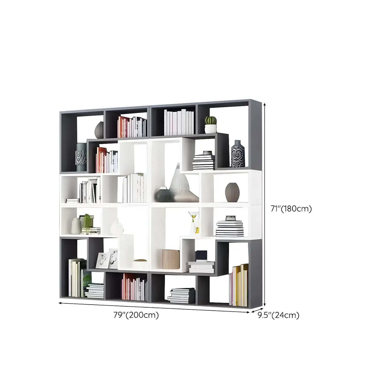 Modern Multi-Tier Geometric Wood Bookcase — White-Black