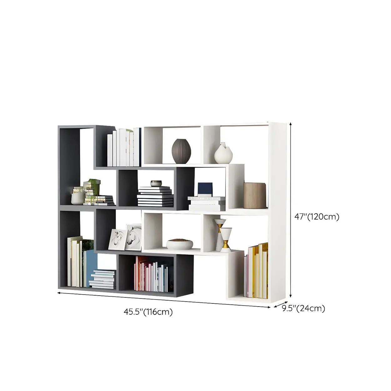 Modern Multi-Tier Geometric Wood Bookcase — Red-White