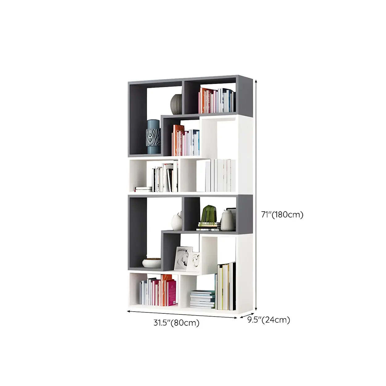 Modern Multi-Tier Geometric Wood Bookcase — White-Gray