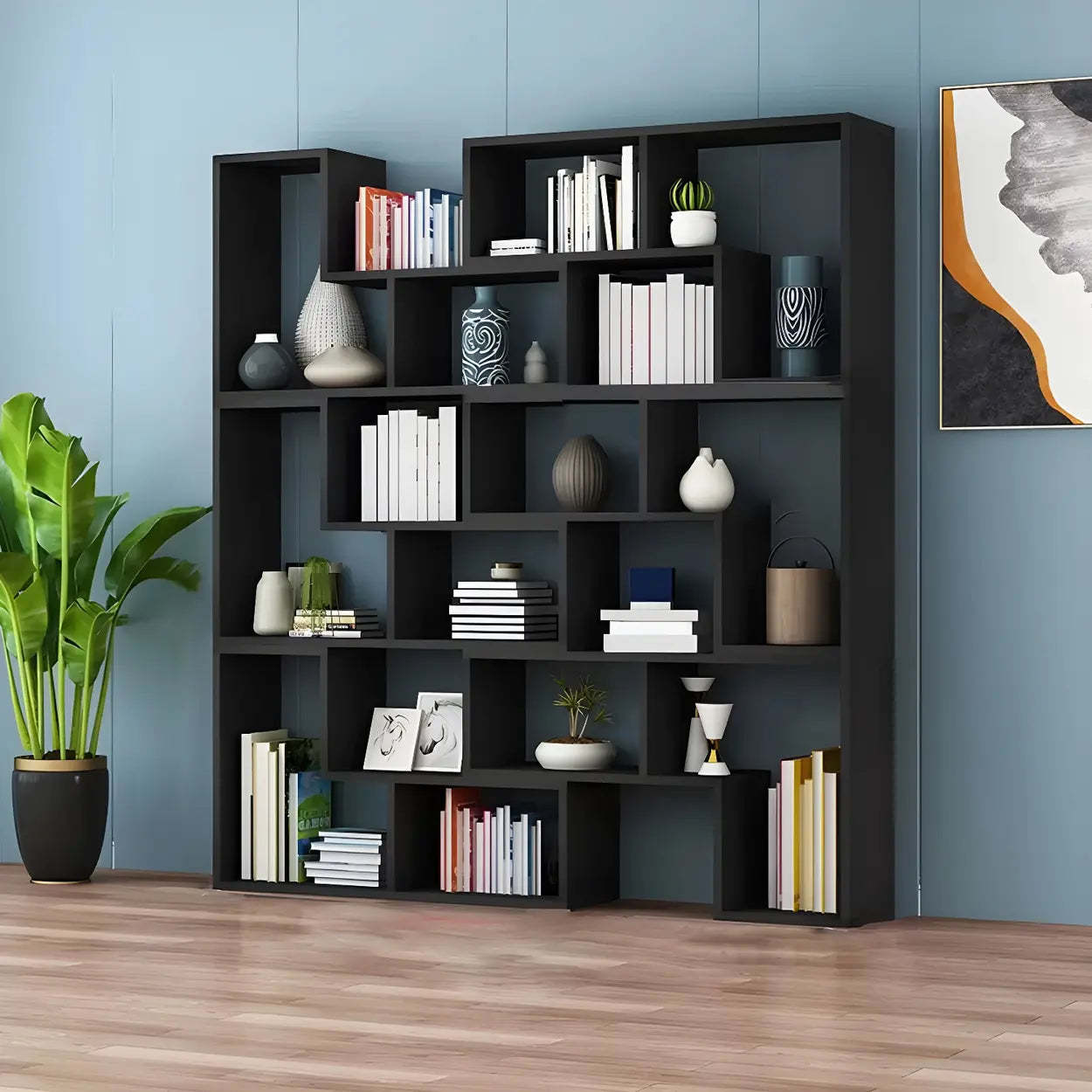 Modern Multi-Tier Geometric Wood Bookcase — White-Gray