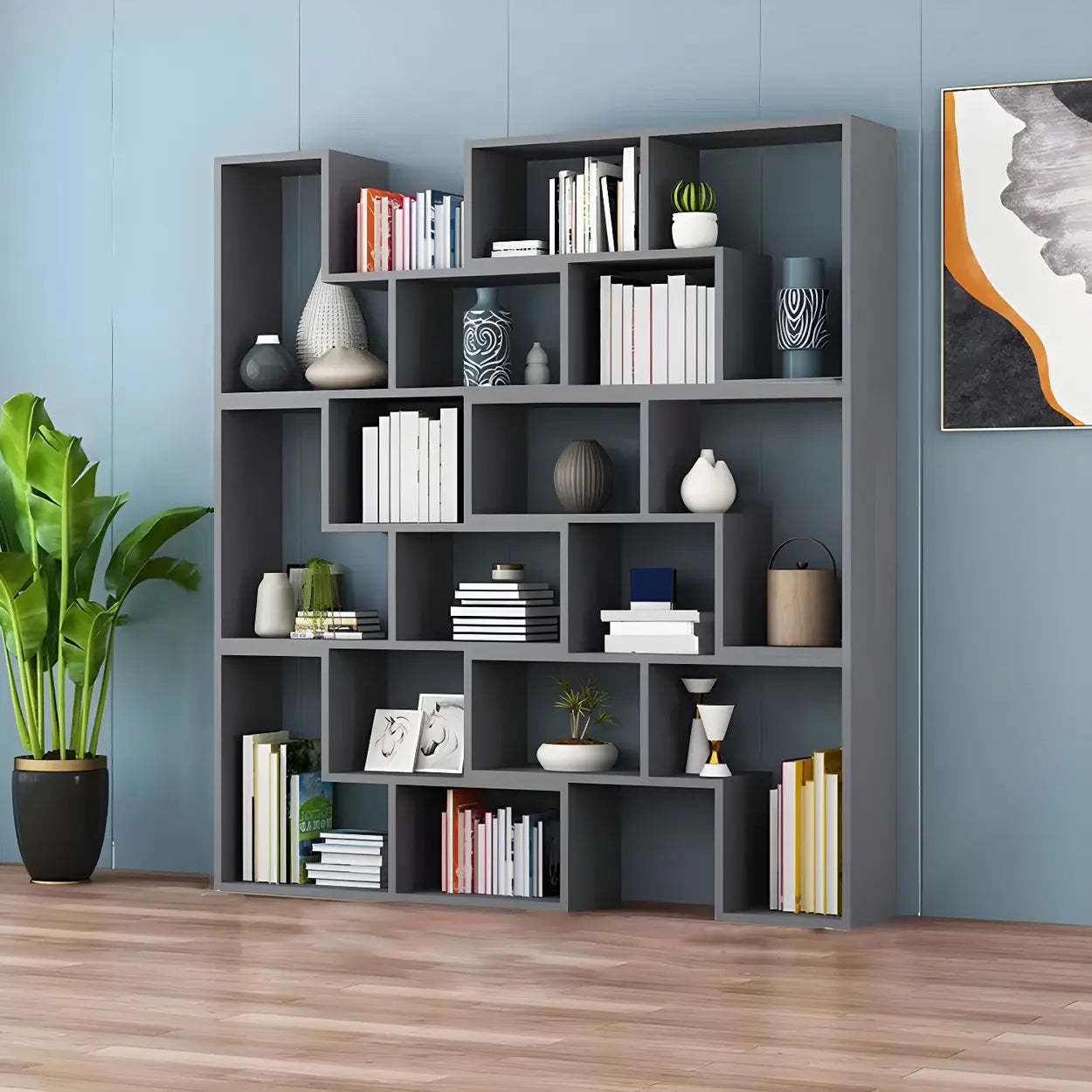 Modern Multi-Tier Geometric Wood Bookcase — Black