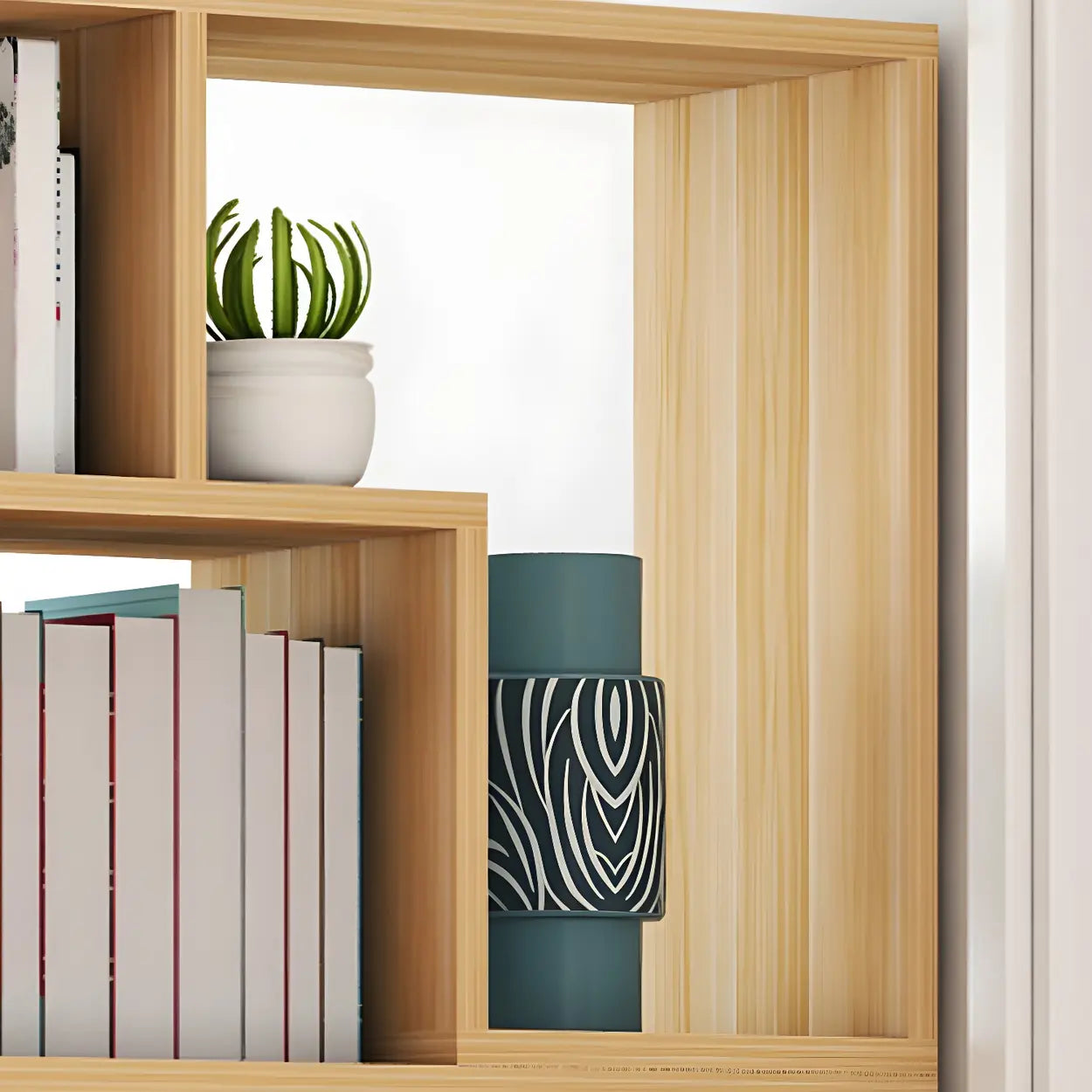 Modern Multi-Tier Geometric Wood Bookcase — Black-Red