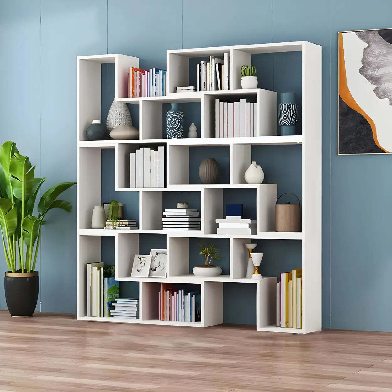 Modern Multi-Tier Geometric Wood Bookcase — White