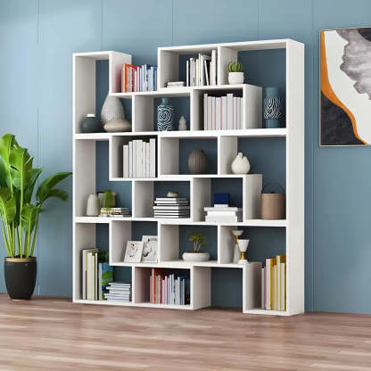 Modern Multi-Tier Geometric Wood Bookcase — White