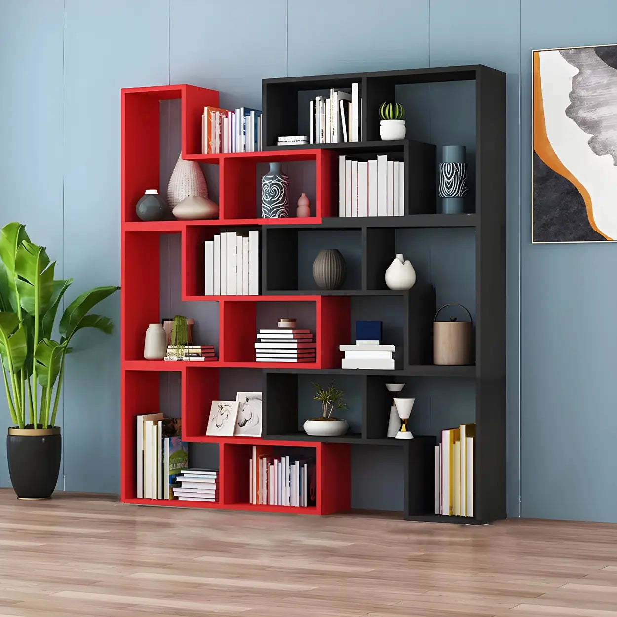 Modern Multi-Tier Geometric Wood Bookcase — Natural Finish