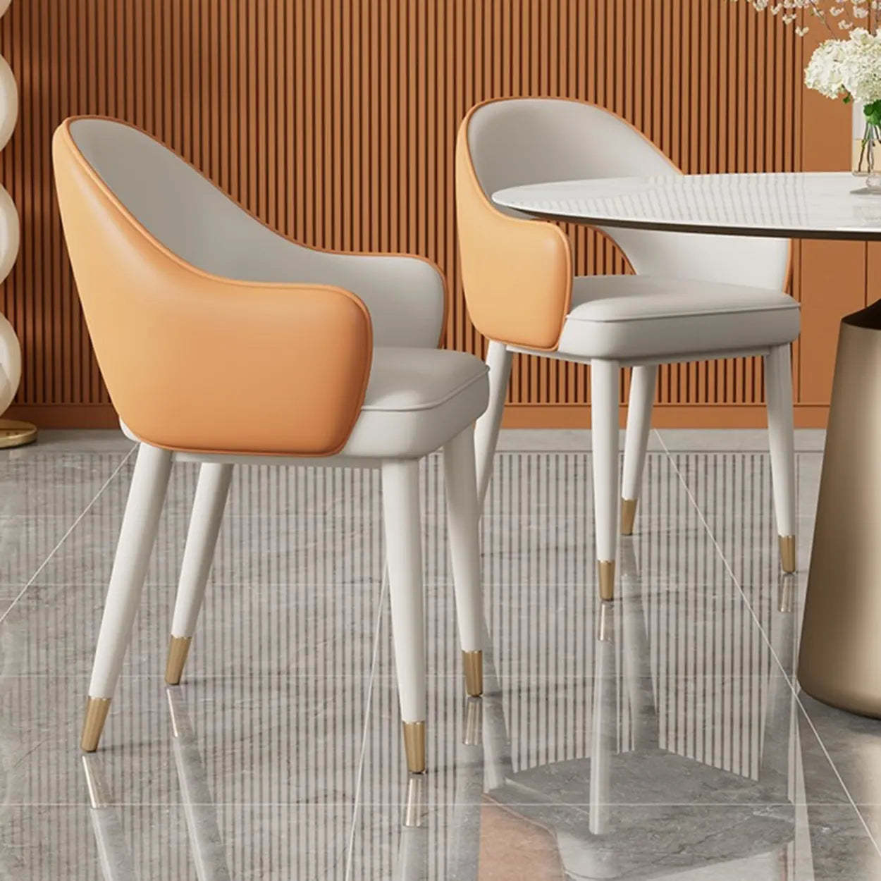 Modern Orange Upholstered Arm Dining Chair — White/Orange