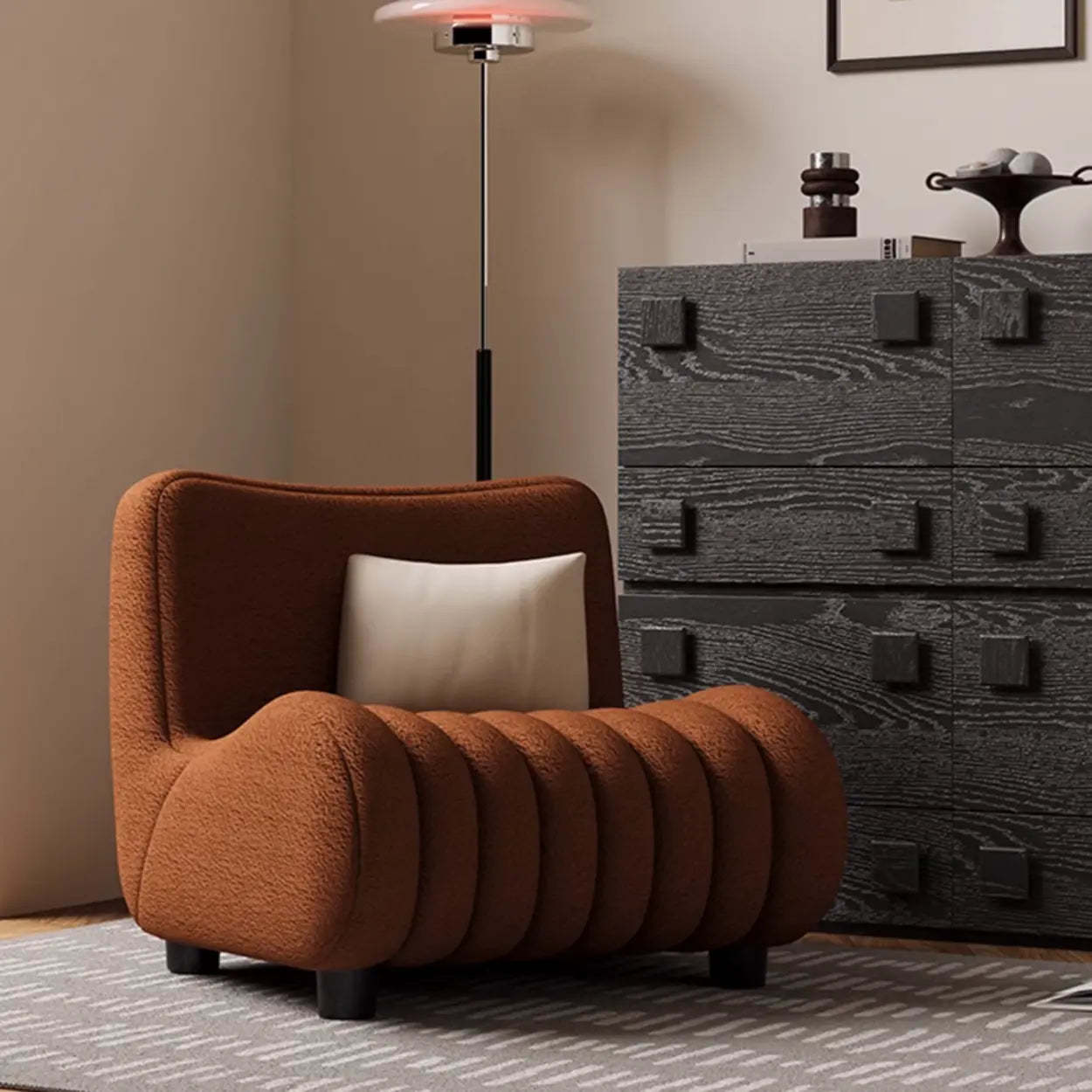 Modern Orange Sherpa Lounge Accent Chair — Off-white / Sherpa