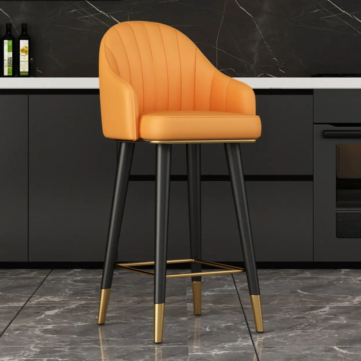 Leather Bucket Swivel Bar Stool — Orange / Swivel