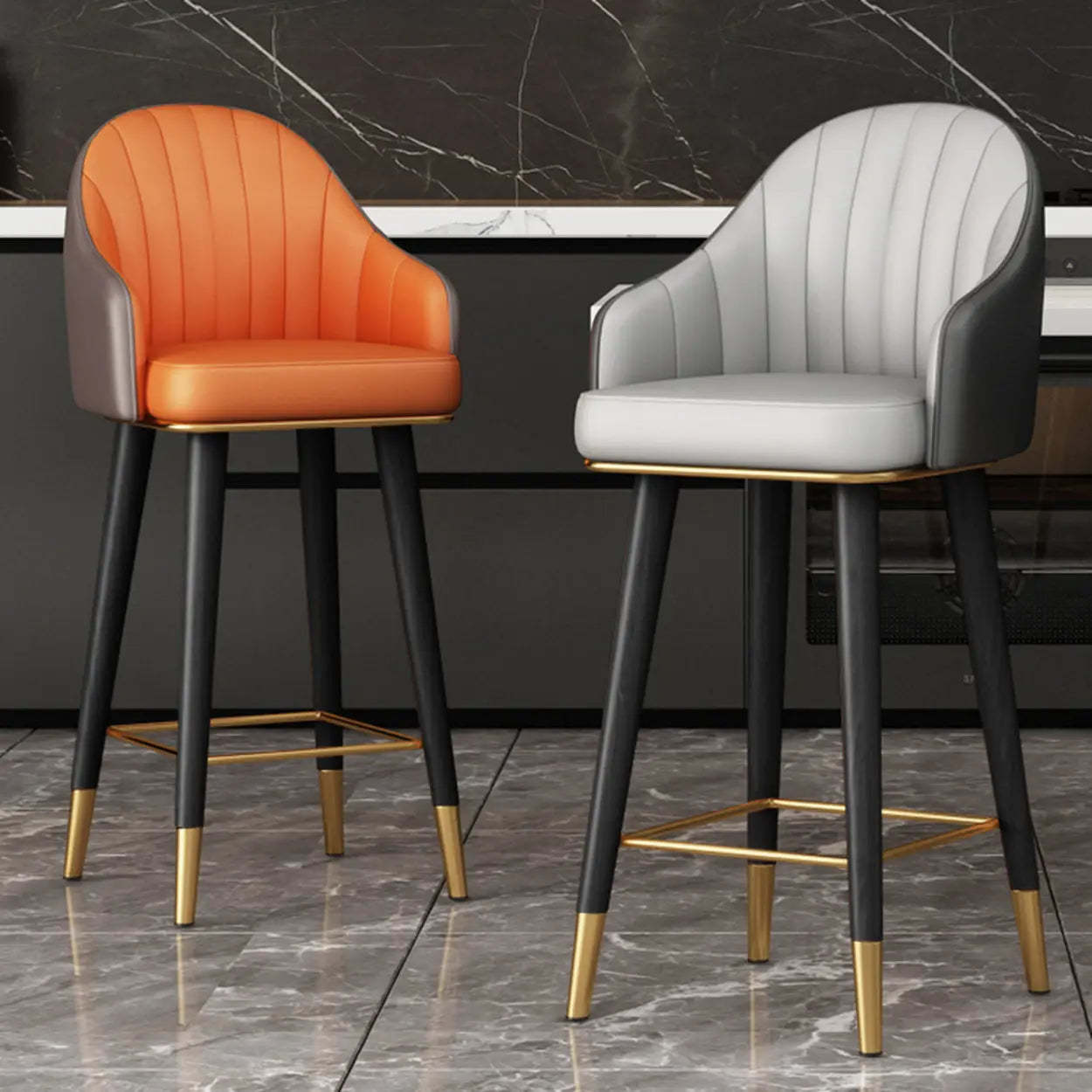 Leather Bucket Swivel Bar Stool — Black / Swivel