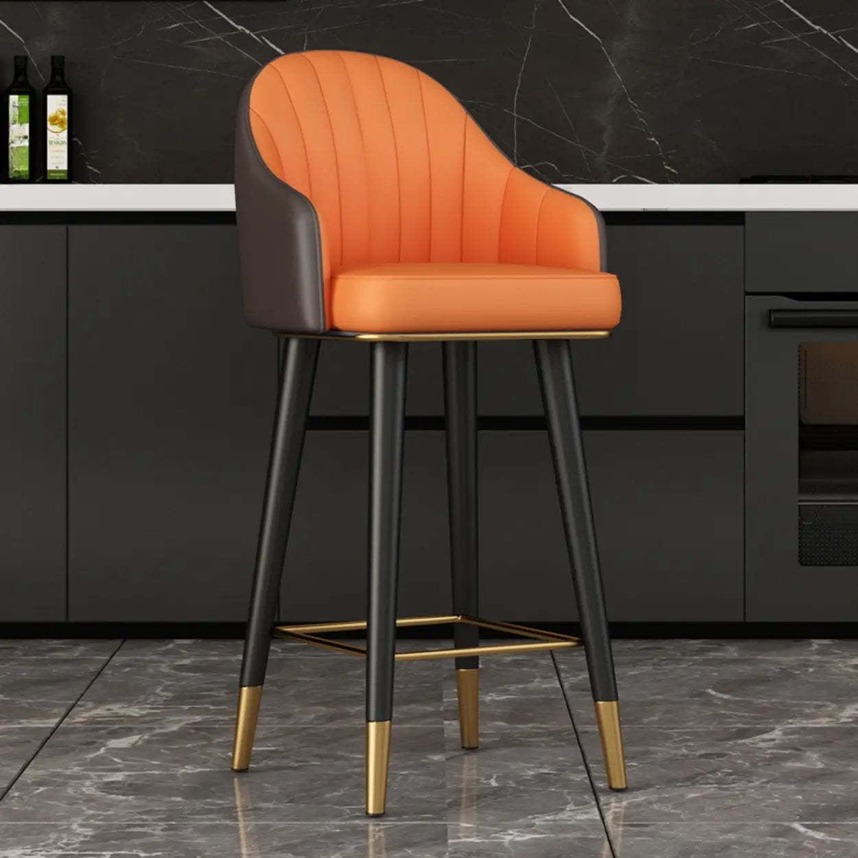 Leather Bucket Swivel Bar Stool — Black / Fixed
