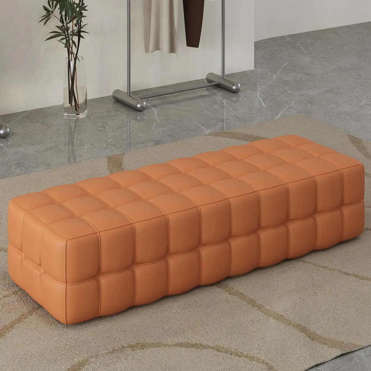 Modern Orange Upholstered Short Bedroom Bench — Off-White