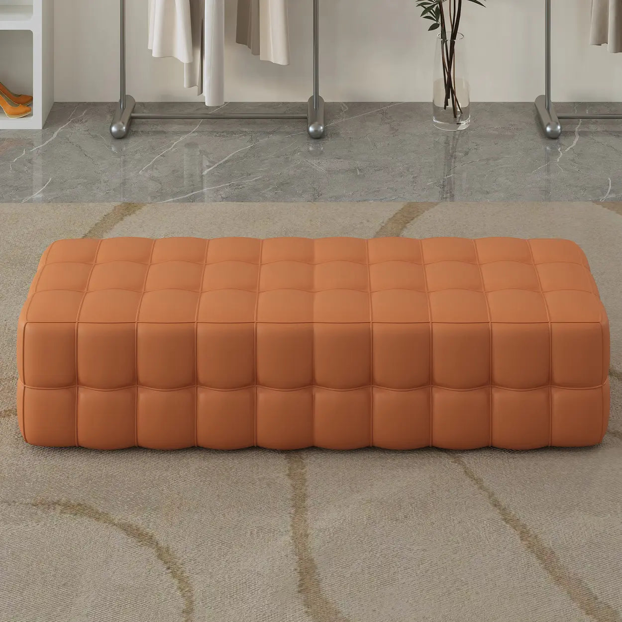 Modern Orange Upholstered Short Bedroom Bench — Orange