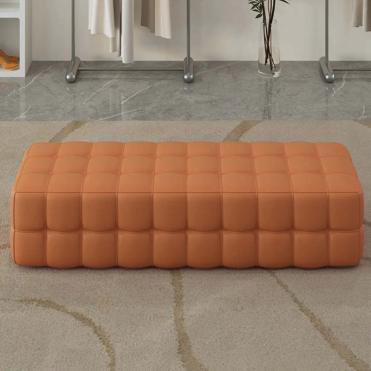 Modern Orange Upholstered Short Bedroom Bench — Orange